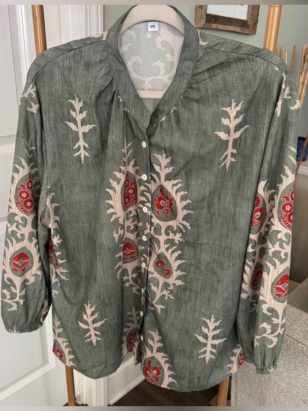 Women's Green Button-Down Shirt with Red Floral Print